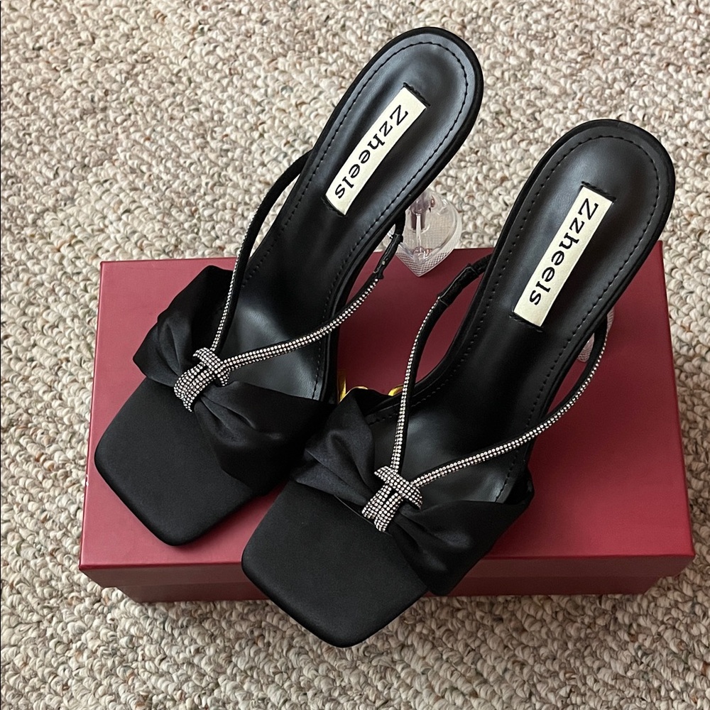 Zzheels Black Satin Rinestone Bow Heels